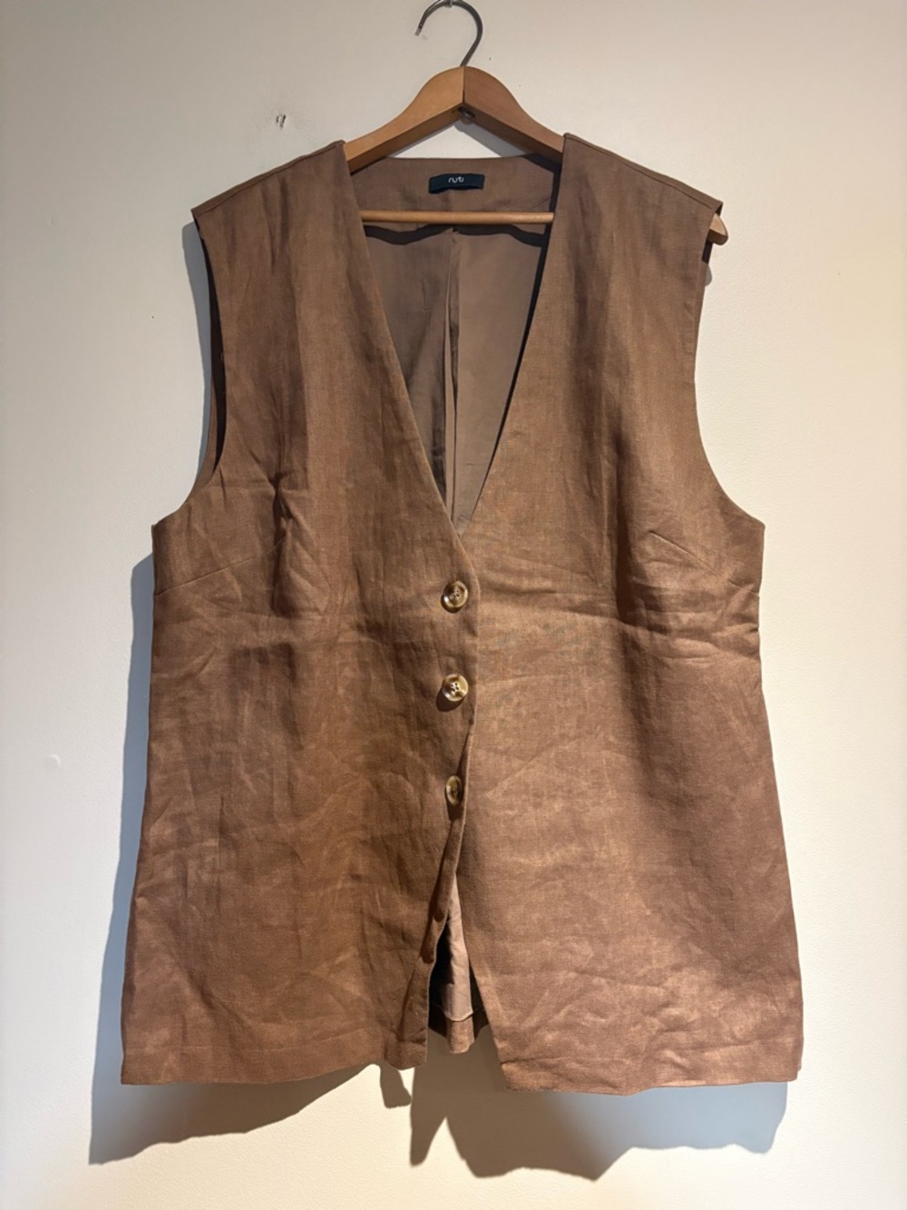 100% Linen Ruti Waistcoat Vest Size 16 Brown Lightweight Button Front